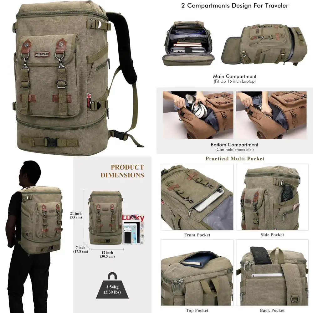 

Canvas Carry-On Luggage Rucksack Convertible Duffel Bag for Men & Women - Large Army Green Travel Backpack with Versatile Featur