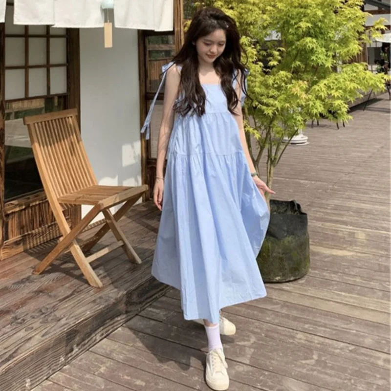 Japanese Style Sweet Spaghetti Strap Dresses Women Summer Sleeveless Loose Midi Dress Woman Preppy A Line Dress Mujer