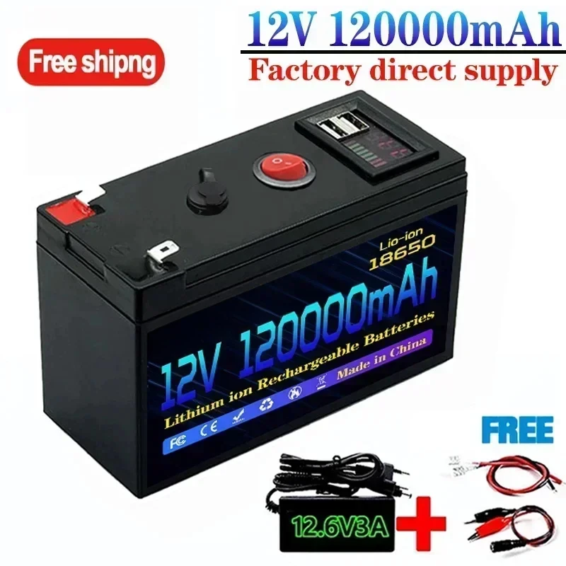 12V Battery 120Ah 18650 Lithium Battery Pack Rechargeable Battery for Solar Energy Electric Vehicle Battery+12.6v3A Charger