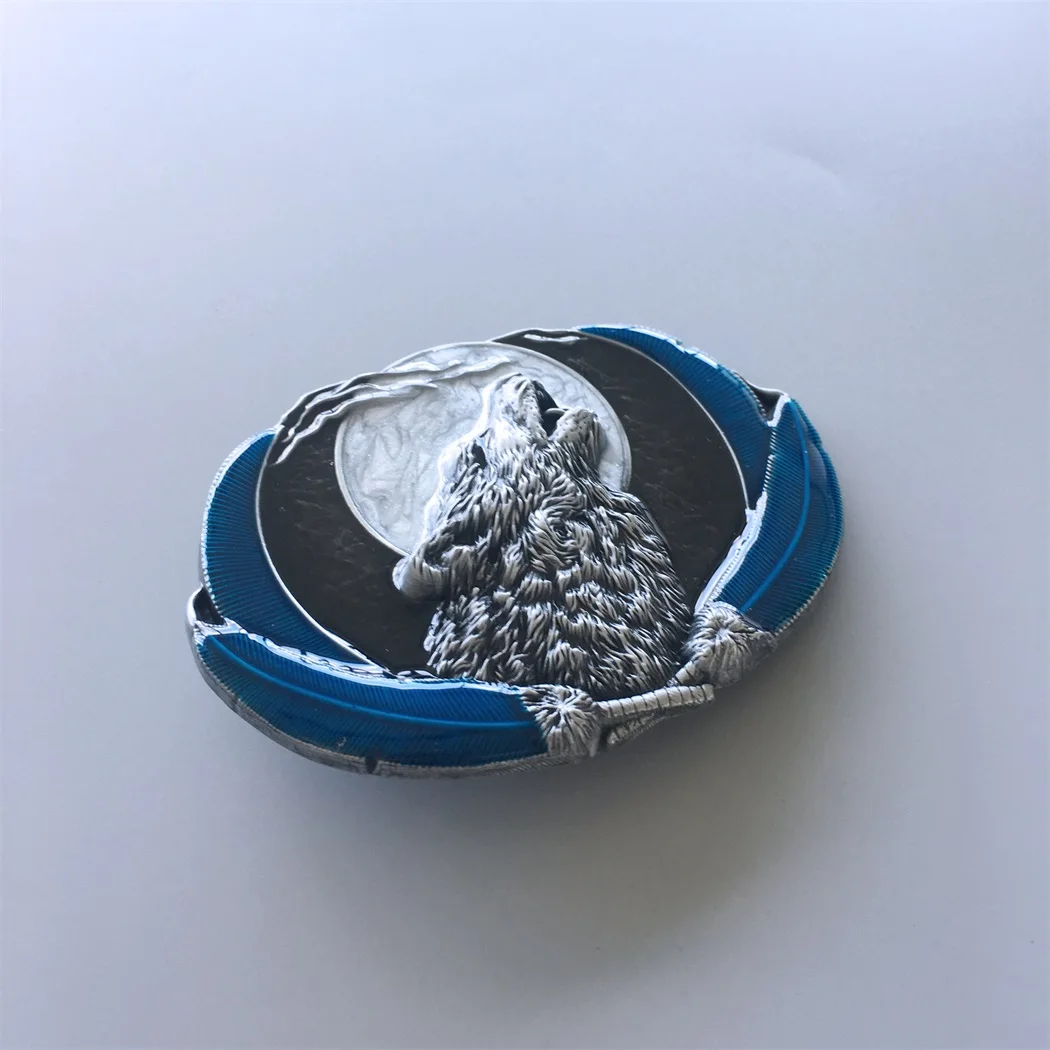 Blue Enamel Western Wolf Moon Oval Belt Buckle also Stock in the US BUCKLE-WT111BL Free Shipping