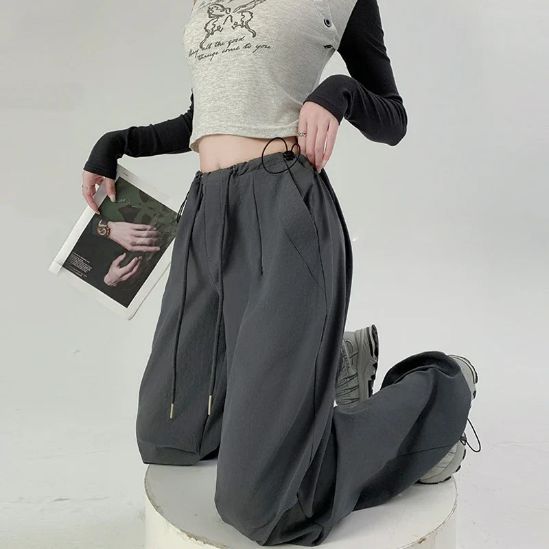 Spring Autumn New High Waist Casual Pants Elegant Solid Color Loose Wide Leg Pants Korean Fashion Drawstring Sweat Pants