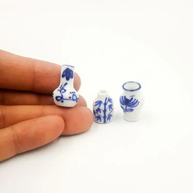 3pcs Mini Blue and White Porcelain Vase DIY Handmade Doll House Kitchen Ceramic Ornament Decora  Dollhouse Miniatures