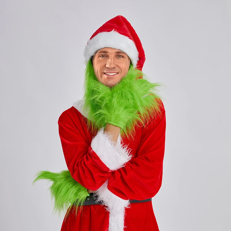 Combhasaki クリスマス グリーン ファーリー モンスター コスチューム 面白いサンタ手袋 + サンタ帽子 コスプレ アクセサリー パーティー用品 大人用