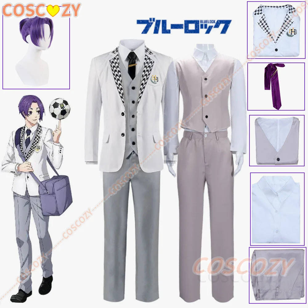 

Anime Blue Lock Mikage Reo Cosplay Costume Team NO.9 Wig School Uniform White Suit Chameleon Football Men Boy Students Dailywear