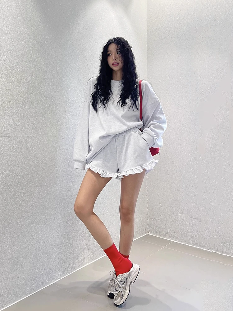 

Шикарная осенняя новая повседневная толстовка с длинным светом, женский комплект с рюшами и высокой талией, толстовка с высокой талией и цветочным принтом, комплект брюк