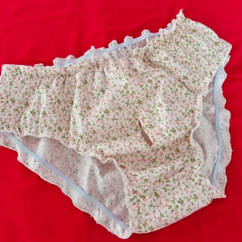 

Sissy Retro Sweet Floral Twill Underwear Comfortable Soft Breathable Men's Ruffled Underwear Open Crotch Briefs BF Private Party