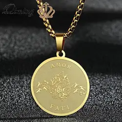 QIMING Stainless Steel Amor Fati Pendant Necklace For Women Men Medallion Philosophy Memento Mori Stoic Necklaces