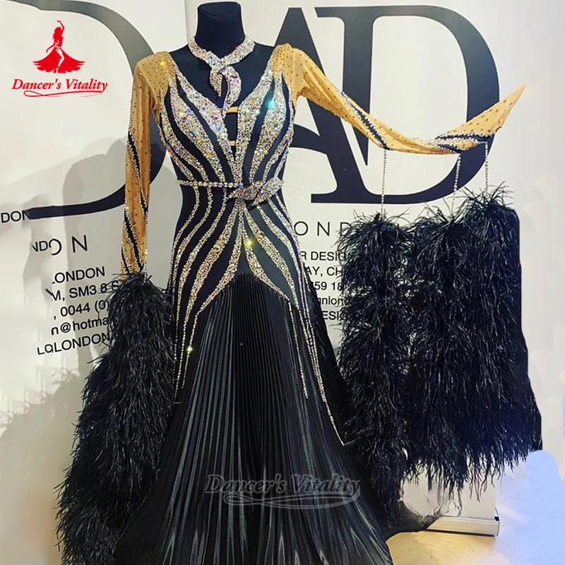 Adult Social Dance Long Sleeves Pleated Lower Hem Dress Custom Female Waltz Quickstep Perform&Contest Clothing Dancer's Vitality