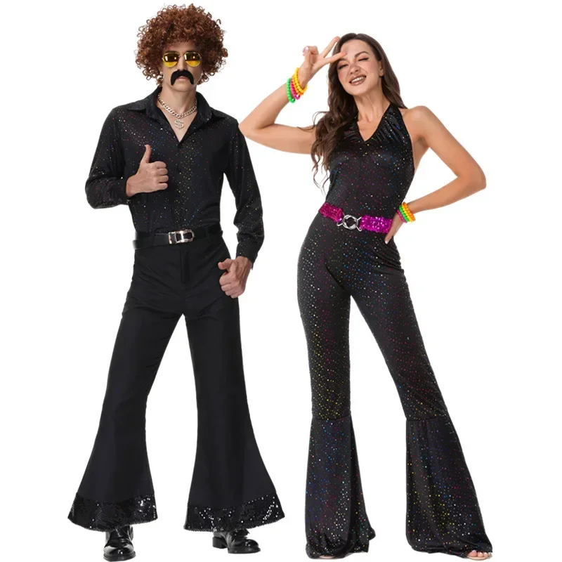 Retro anni '60 anni '70 Hippy Hippie Costume da discoteca Cosplay per uomo Donna Coppie Halloween Party Performance Fantasia Paillettes Nuovo