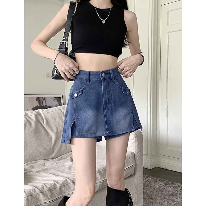 통근자 성격 불규칙한 데님 짧은 스커트 여성용, 여름 한국 디자인 센스, 하이 웨이스트 슬림 힙 랩 A 라인 반바지