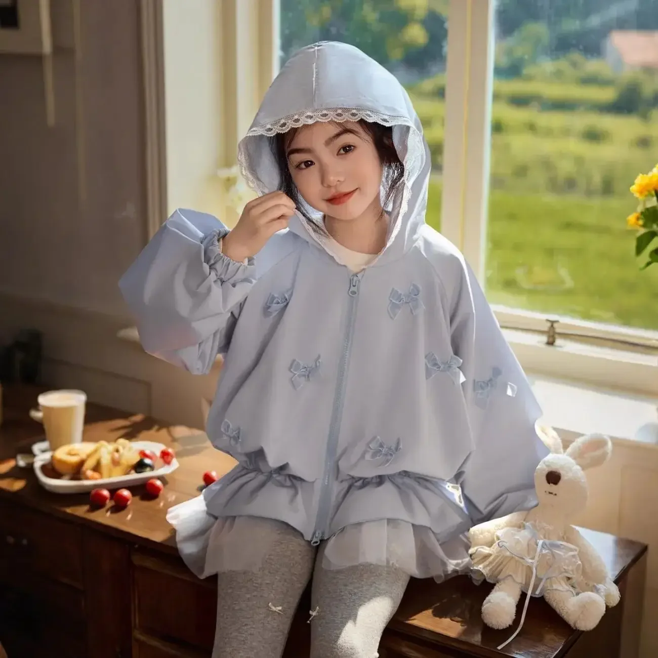 Girls Coat Jacket Spring and Autumn 2026 New Children's Solid Color Splice Lace Bow Jacket 6