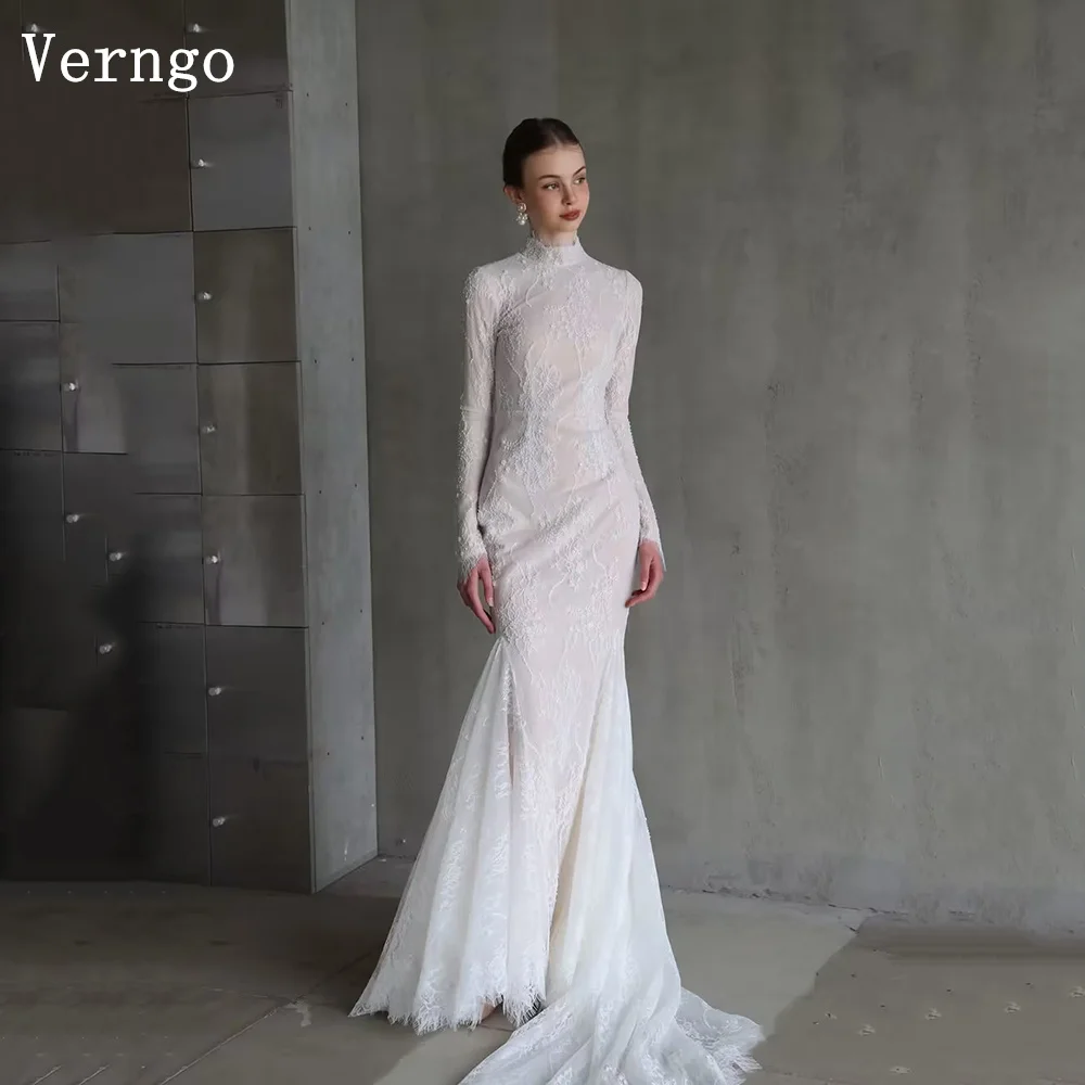 Verngo Luxury Lace Wedding Dress High Neck Full Sleeves Mermaid Prom Bridal Gowns Elegant Modern Bride Dresses Customized