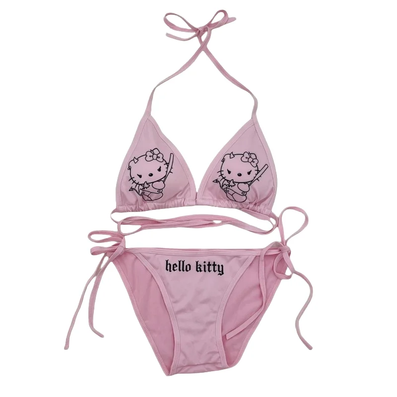 Czarny gotycki Hello Kitty Anime kreskówka strój kąpielowy Bikini z wyściełanymi kubkami dla kobiet na plaży hawajskiej śmieszne podszywanie się pod