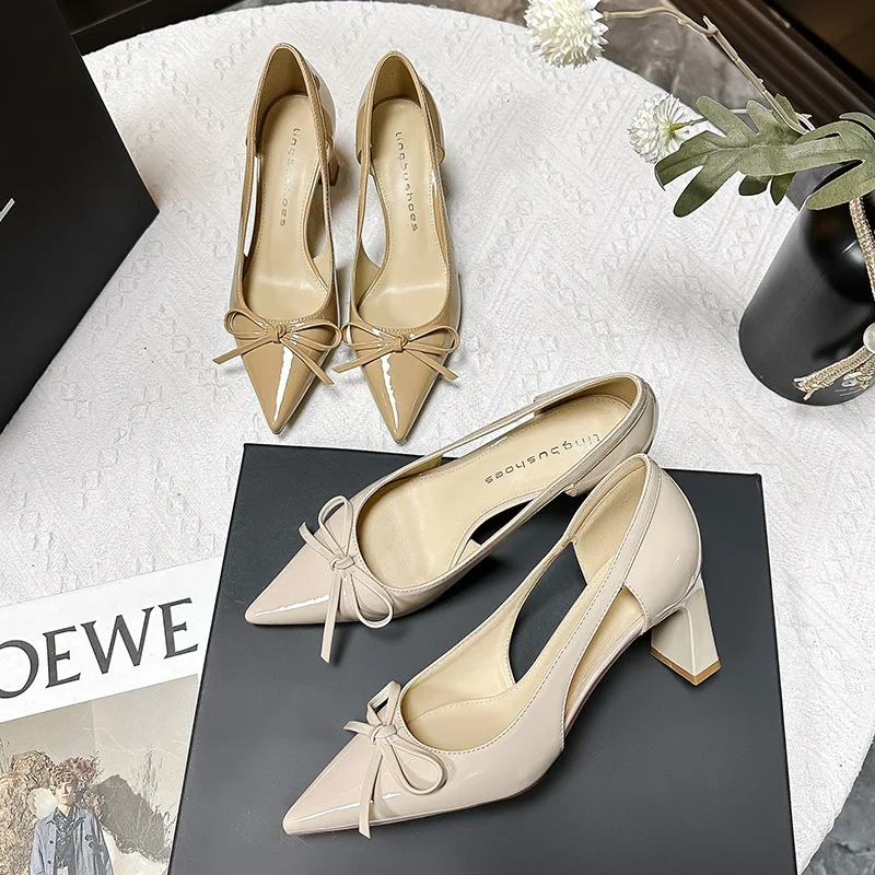 

Women's Bow-knot Pointed Toe Pumps Spring and Summer Stylish Solid Color Openwork Chunky Heel Shoes Woman High Heels Party Shoes