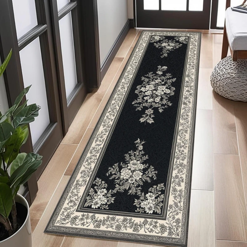 Black White European Vintage Floral graphics Runner Rug,Corridor,Laundry Room,Sofa Side,Non Slip Runner Rug,Elegant Home Gift