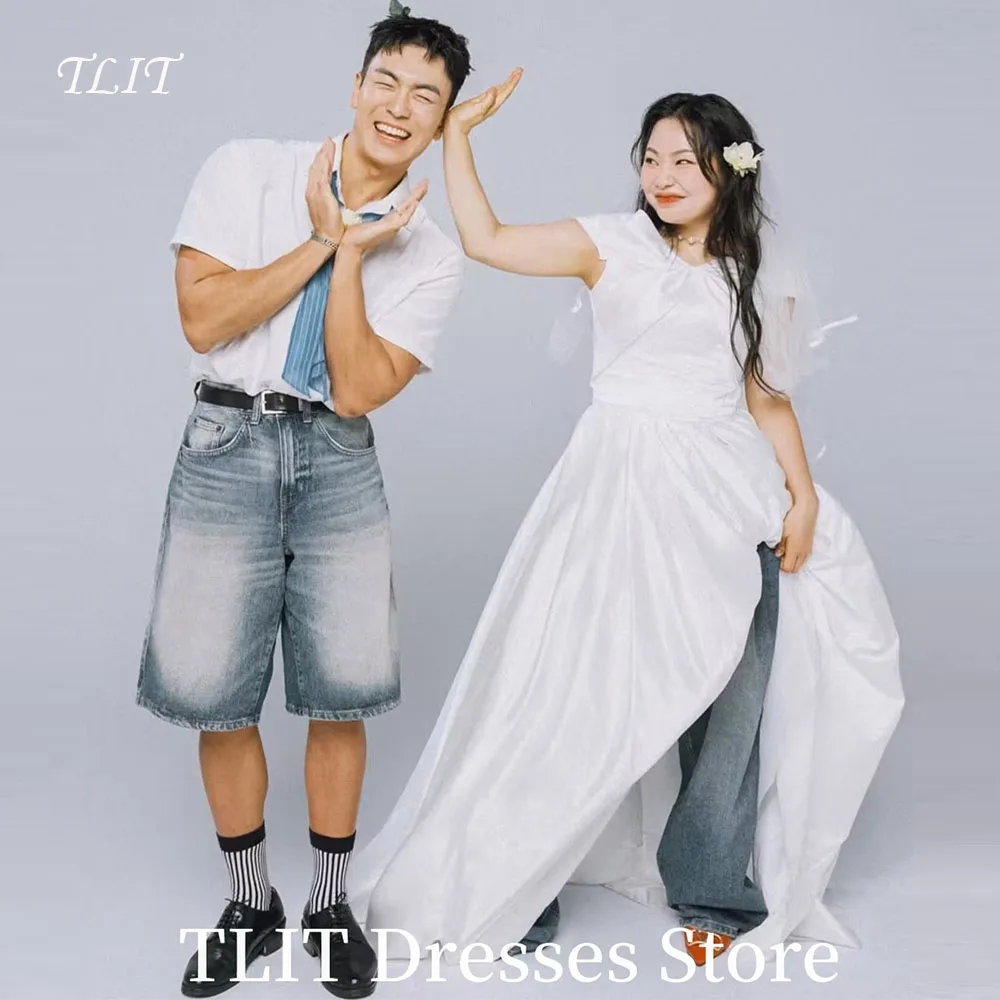 

TLIT Korea Simple Satin Wedding Reception Dresses Photo Shoot Strapless Bridal Gown Customized Front long Back Short