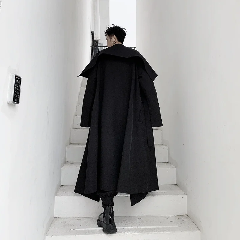 Men Japan Streetwear Dark Black Style Big Collar Cloak Trench Coat Outerwear Male Long Belt Cardigan Jacket Windbreaker Overcoat