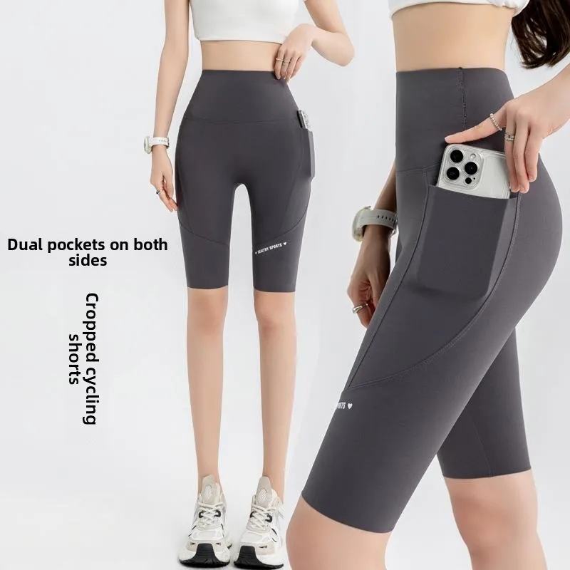 

Summer Thin High Waist Double ket Cycling Pants Women's Base Layer Pants Five-Quarter Length Other Material 00%