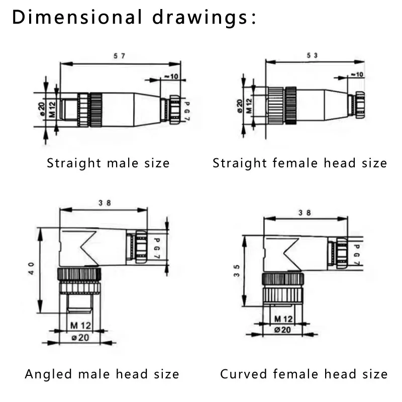 M12 right-angle male-female waterproof threaded plug connector with 4, 5, and 8 pins for sensor connection