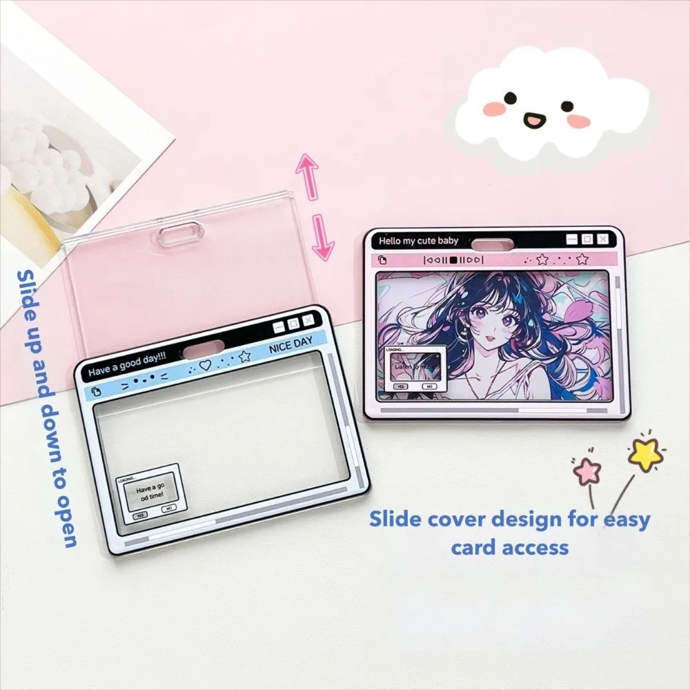 Cute Cartoon Design ID Holder Transparent Slide Closure Card Case Horizontal Waterproof Card Cover Bus Card