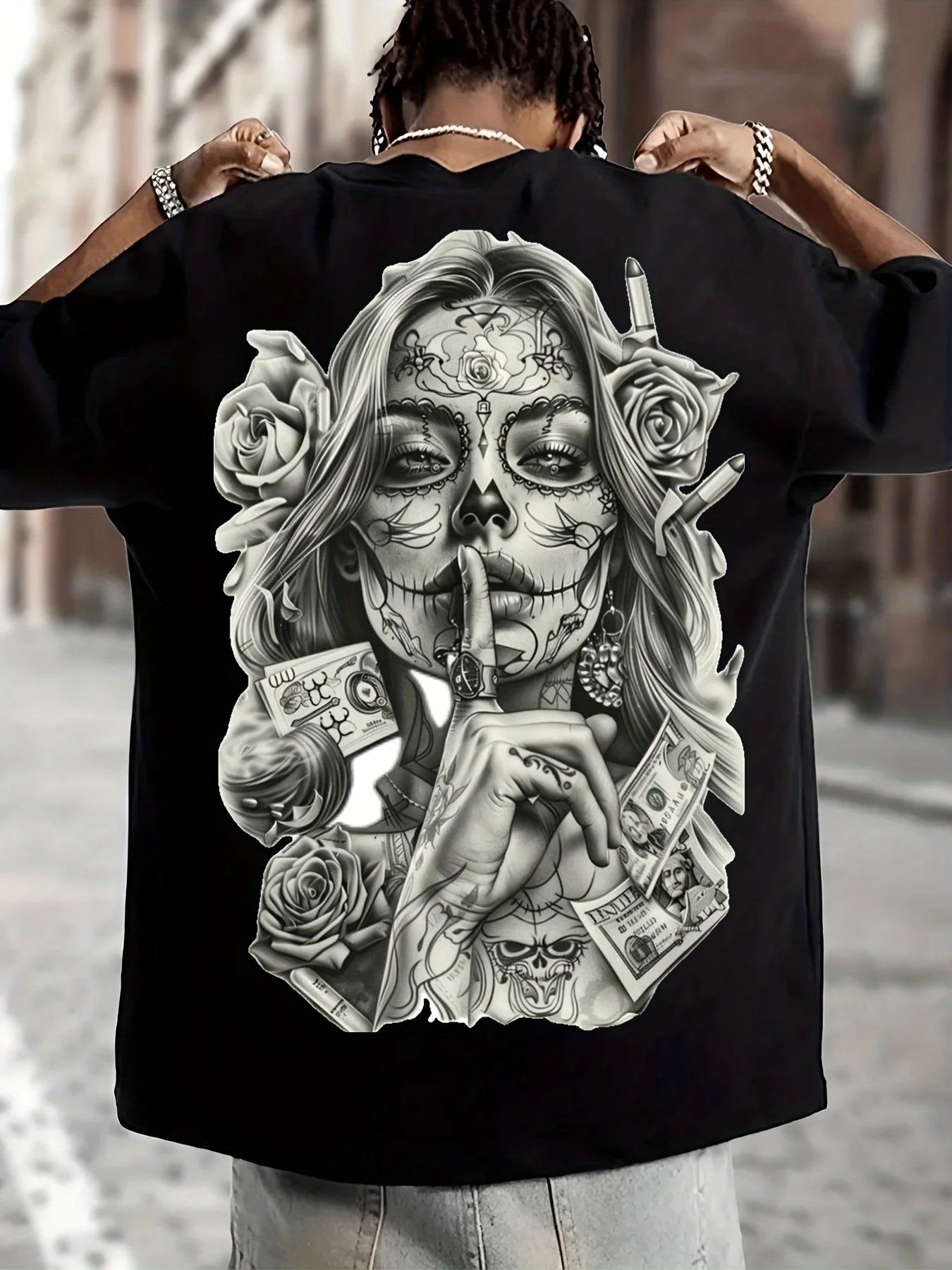 Men's Day Of The Dead Sugar Skull Girl Back T-Shirt Chicano Rose Money Street Crew Neck Top