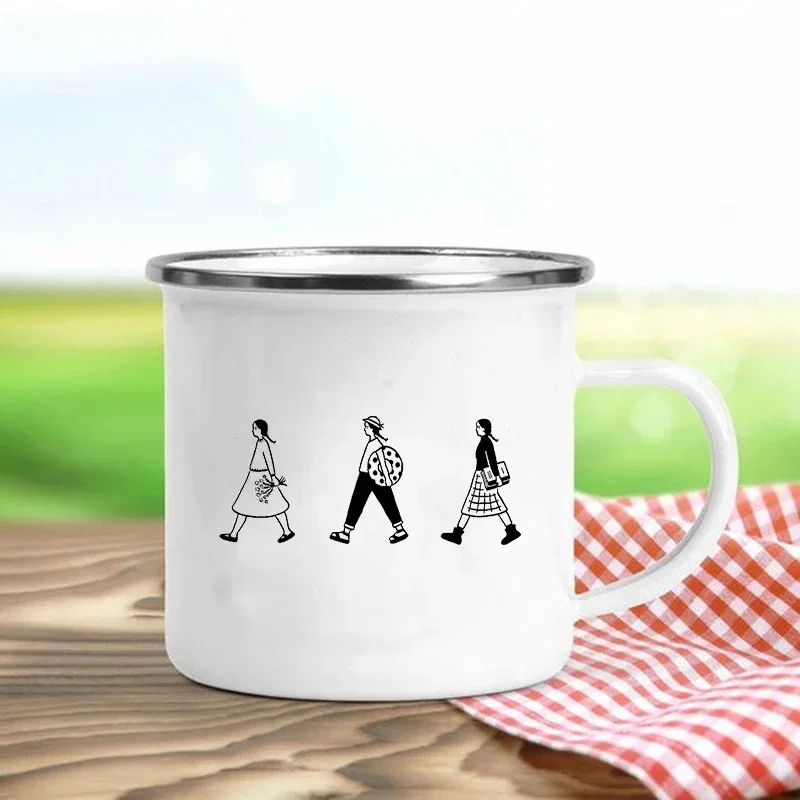 Enamel Mugs Funny Girls Printed Mugs Creative Coffee Tea Drinks Dessert Breakfast Milk Juice Cups Handle Drinkware Best Gifts