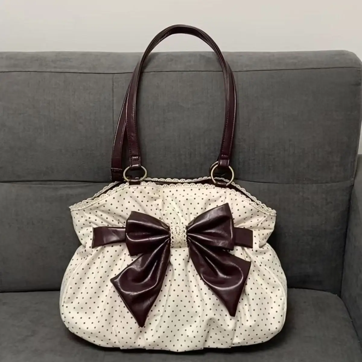 

Chic Polka Dot Tote Bag Casual Commuting Vintage Women Handbags Shoulder Bag Versatile Large Capacity Dot Design Bow Sweet Bag