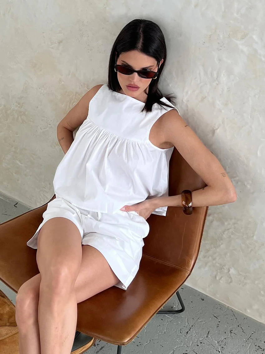 Marthaqiqi Cotton Female Nightgowns 2 Piece Set O-Neck Pajamas Sleeveless Sleepwear Tank Top Nightie Shorts Women Nightwear Suit