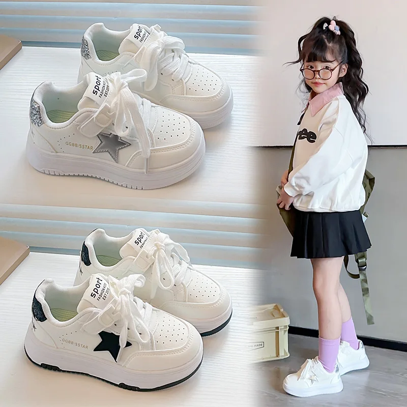 

Girls Sneaker Star Design White Casual Walking Shoes for Kids School Spring PU Leather Sports Tennis Shoes for Little Girls