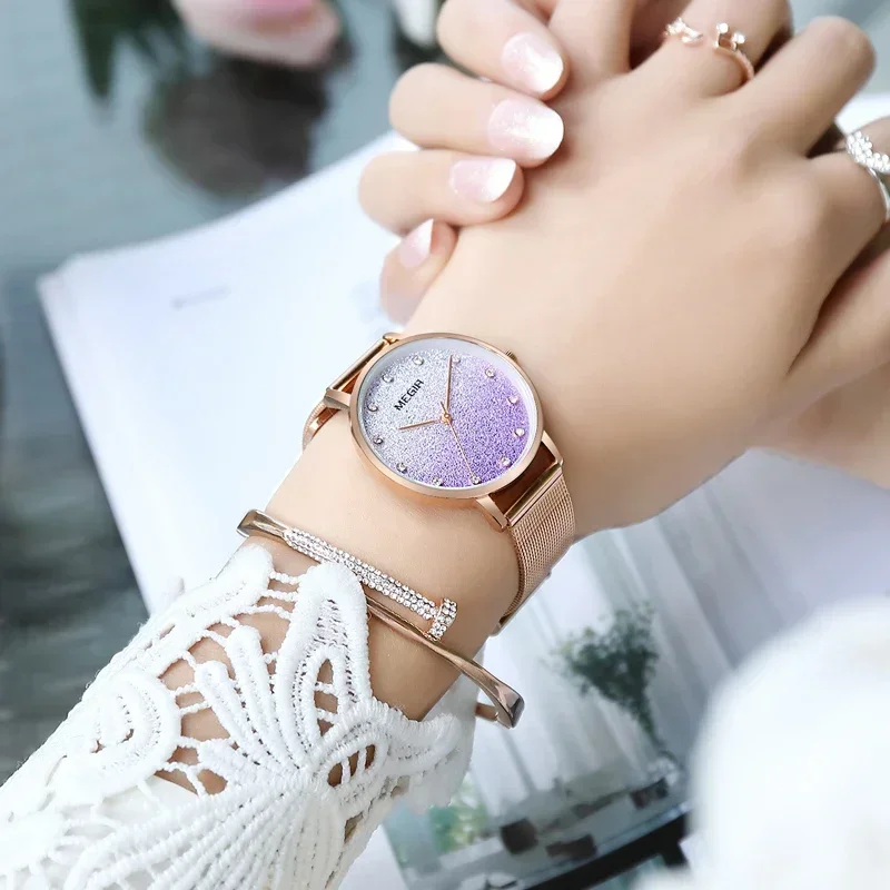 Relojes MEGIR de oro rosa para mujer, reloj de pulsera para mujer, reloj de pulsera de lujo con diamantes de imitación de marca superior, reloj de cuarzo de cristal para mujer