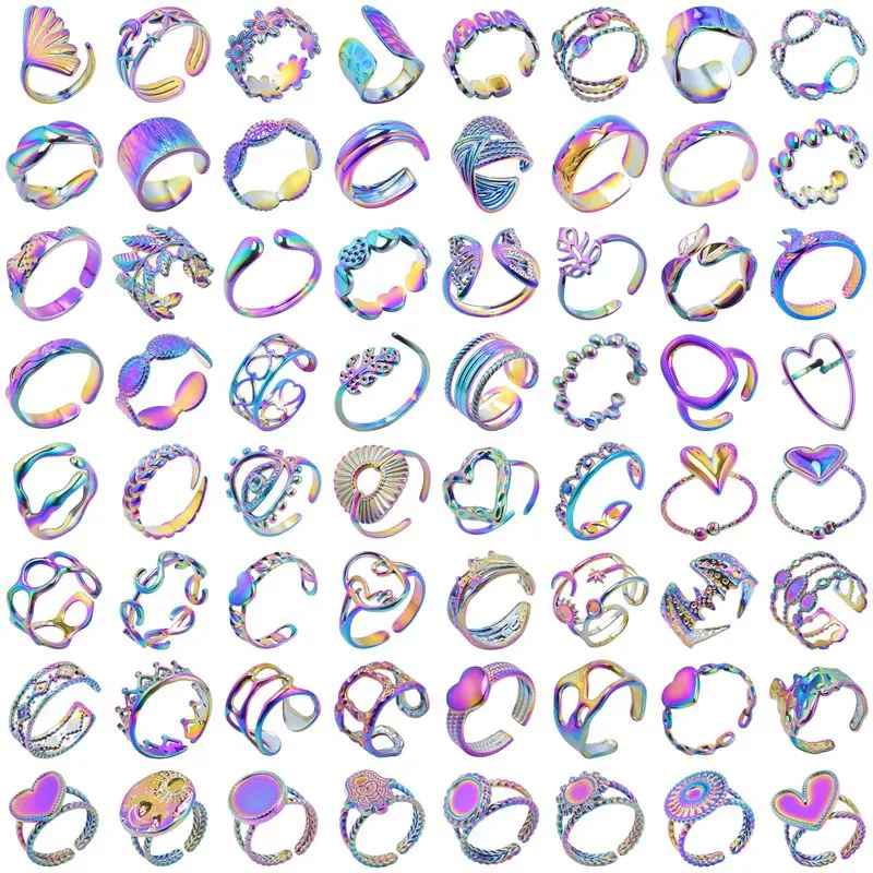 Rings Stainless Steel Open Adjustable Women Human Face Geometry Heart Leaf Bat Rainbow Punk Men\'s Rings Knuckle Party Jewelry