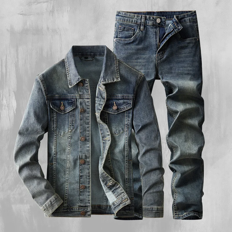 

2024 Autumn/Winter New American Denim Cowboy Set Classic Simple Versatile Washed and Elastic Jacket Jean clothes for men