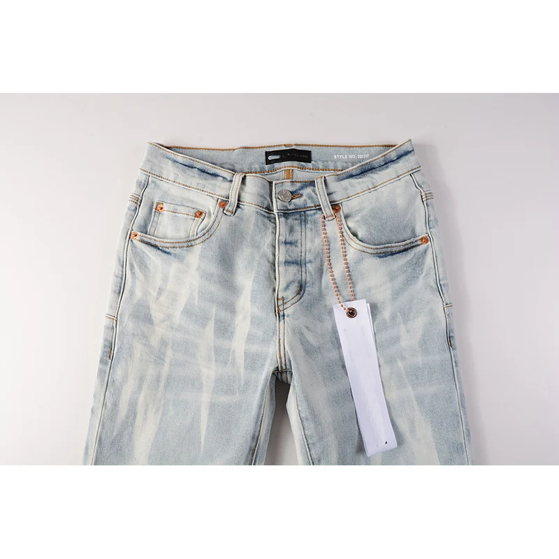 Jeans americanos skinny rasgados masculino, calças angustiadas, moda de rua alta, azul claro, botão voar, streetwear