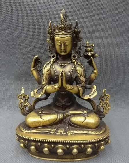 

9" Tibet Bronze Buddhist Kwan-Yin Goddess Lotus 4 Arms Chenrezig GuanYin Statue