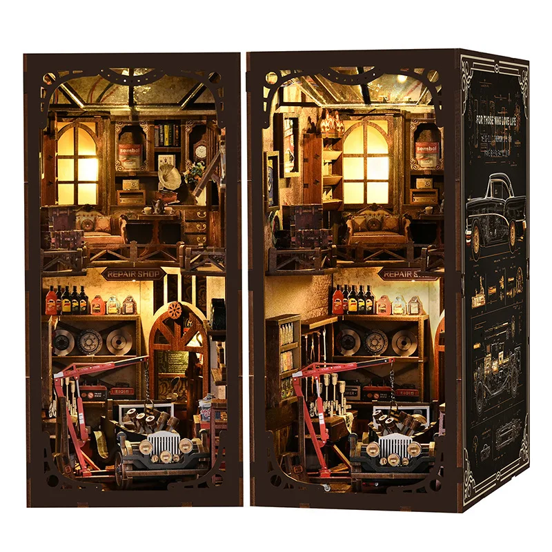 

Retro DIY Wooden Book Nook Figurines Miniatures Kits Craftsmanship Repair Shop Bookshelf Home Bookend Decor Adult Handmade Gifts
