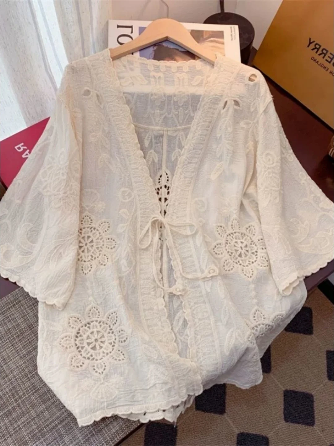 Lace Hook Flower V-Neck Hollow Embroidery Belted Nine-Sleeve Sun Protection Cardigan plus Size Women's Korean Style Loose Fit
