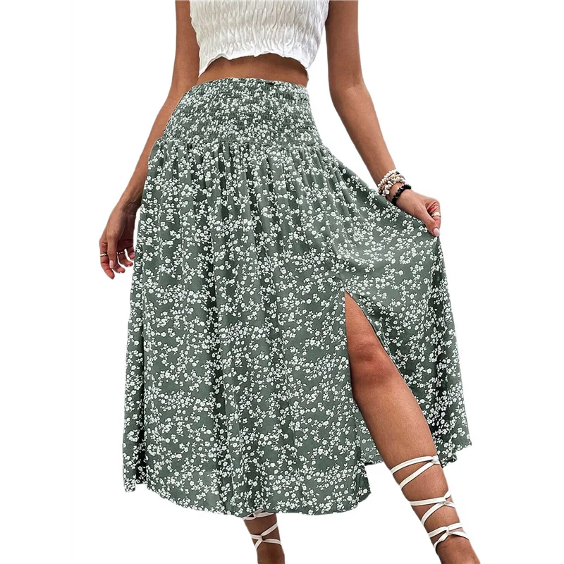 ABRT-Faldas longas estampadas femininas cintura alta divididas uma linha saia maxi de comprimento total