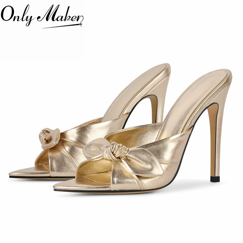 Onlymaker Gold Bow Thin Heel Mules Open Pointed Toe Slip On Sandals Stiletto Heel Fashion Party Summer Sandals