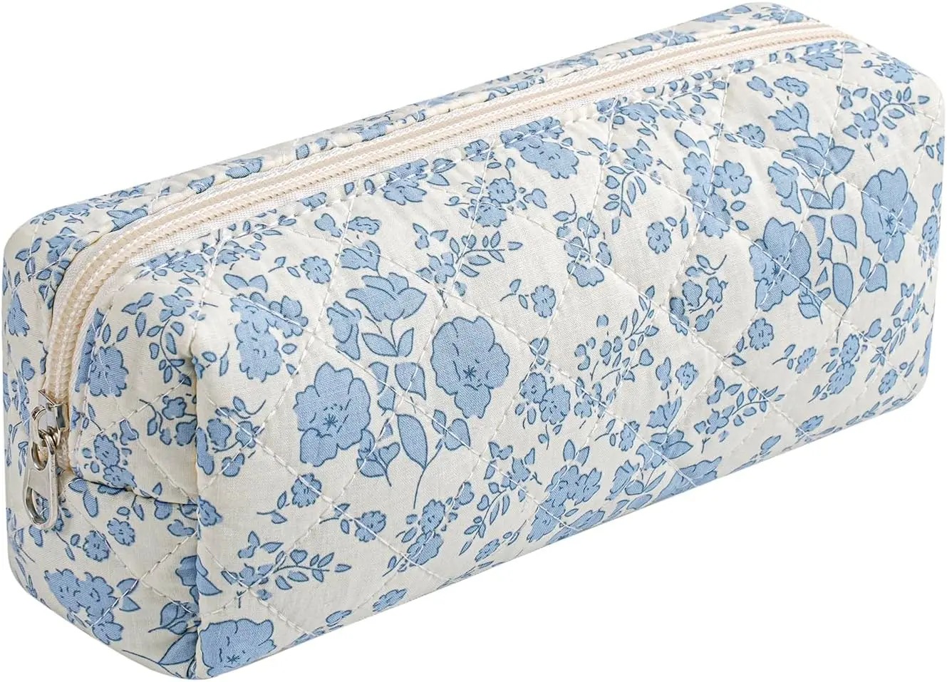 Cotton Makeup Brush Cosmetic Bag for Women, Travel Quilted Zipper Make Up Bag, Flowers Toiletry Organizer Case