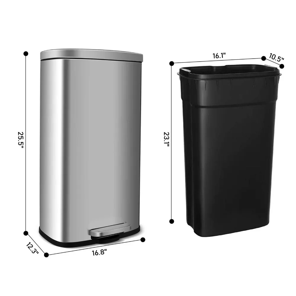 Trash Can, Stainless Steel Kitchen Garbage Can, Step Waste Bin with Hinged Lid and Removable Inner Bucket, Soft-Close