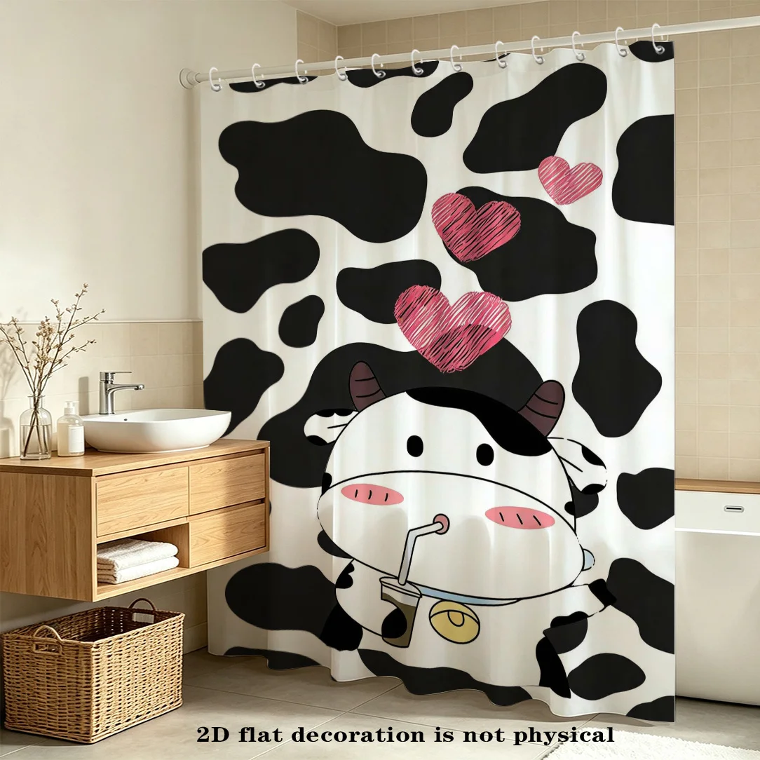 Kawaii Cow Print Shower Curtain,Spotted Cow Pattern With Sweet Hearts Sipping Drink,Bath Curtain Brings Playful Vibe To Bathroom