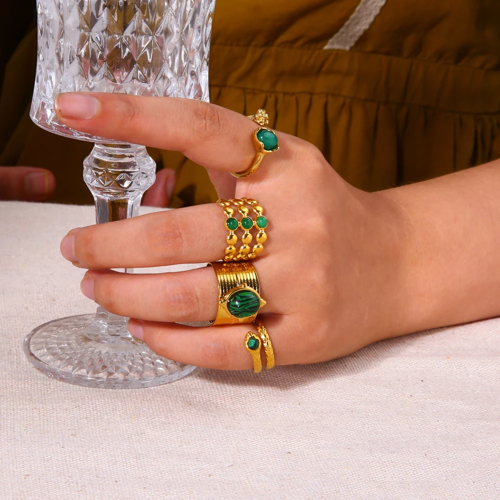 Vintage Naturstein Geometrischer Vergoldeter Edelstahlring Verstellbarer Türkisring Trendiger Modischer Schmuckring für Damen – Detail 3