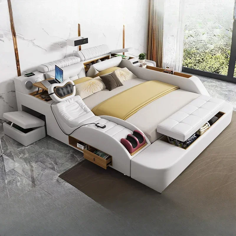 سرير مزدوج جمالي للتخزين بحجم كوين لغرفة النوم الحديثة وسرير مزدوج أبيض متعدد الوظائف أثاث Deux Place للبيع