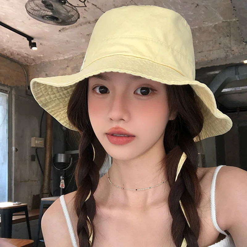 Japanese Fashion Sticker Label Design Bucket Hat Women's Spring Summer Outdoor Big Brim Sunshade Lace-up Sun Cap Gorras