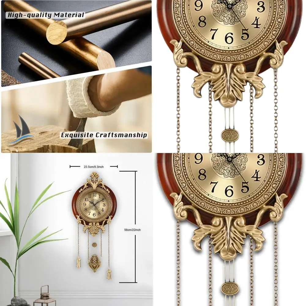 

Vintage Wooden Pendulum Wall Clock, Silent Quartz Movement, Analog Timepiece for Home, Office, Kitchen