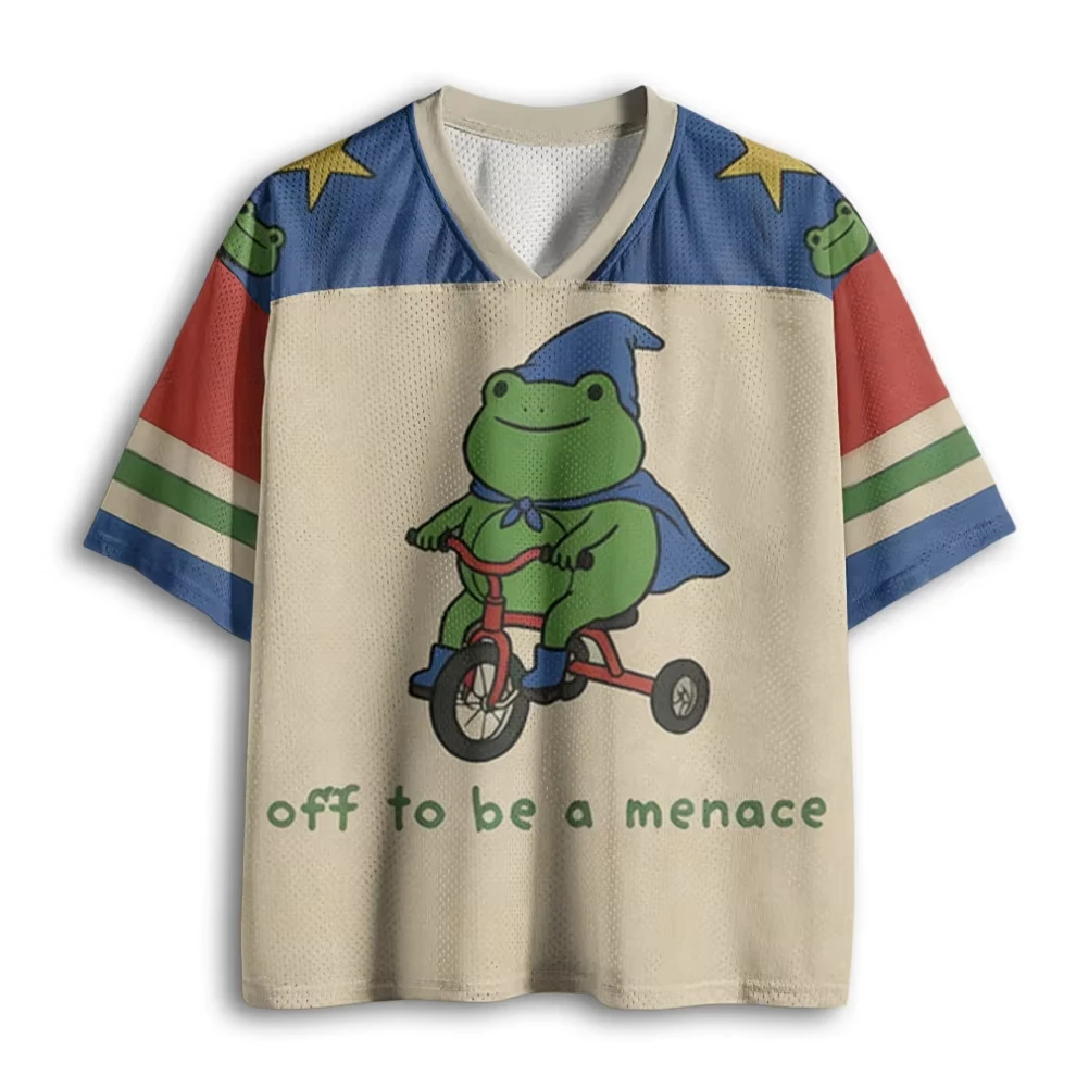 Loose Mesh V‑Neck Sport Jersey Tee, Vintage Cute Wizard Frog Tricycle Funny Slogan Print Multi‑Color Block Casual Street Tops
