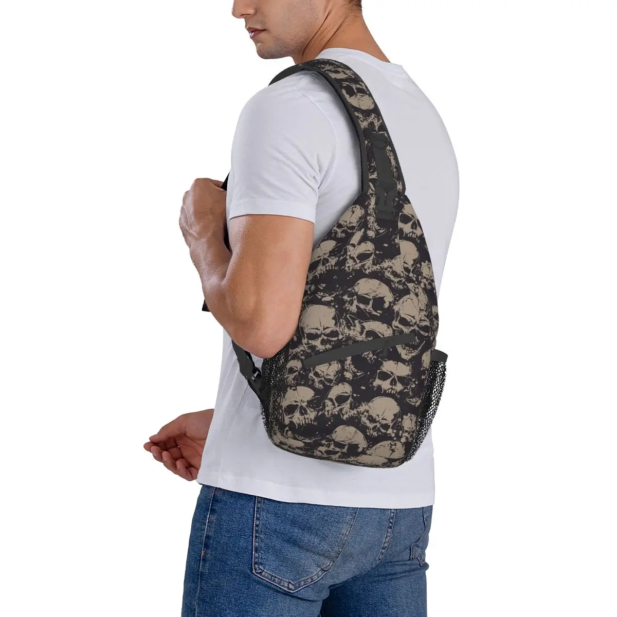 Mochila cruzada con patrón Grunge para hombre y mujer, morral con estampado de calaveras, Rock, pecho, hombro, senderismo, viaje, paquete de día