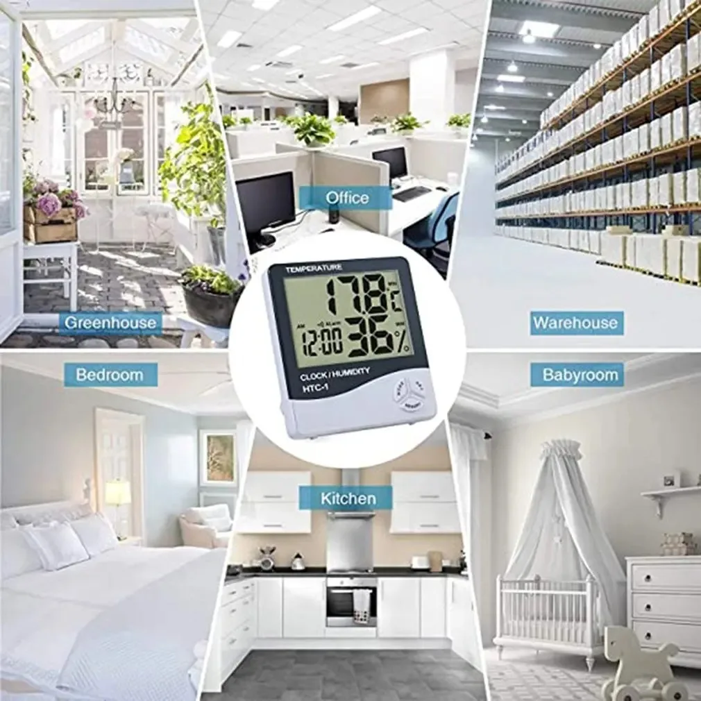 HTC-1 LCD Electronic Thermohygrometer, Weather Station With Clock Electronic Digital Temperature Humidity Meter Household
