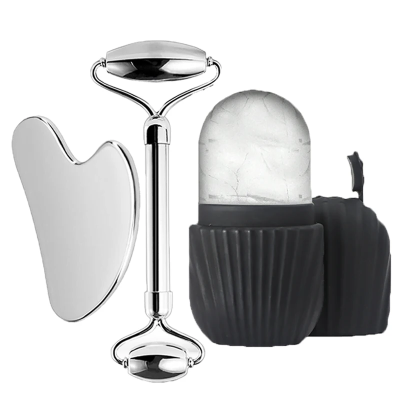 Strumenti per la cura della pelle del viso con rullo per il viso da 1/3 pezzi, strumenti per la cura della pelle del vassoio di ghiaccio con raschiamento del rullo per il viso in acciaio inossidabile