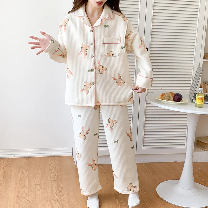 Winter Air Cotton Confinement Clothes Women Cotton Yarn Sleepwear Female 2 Piece Set Cute Cartoon Spring Home Clothes